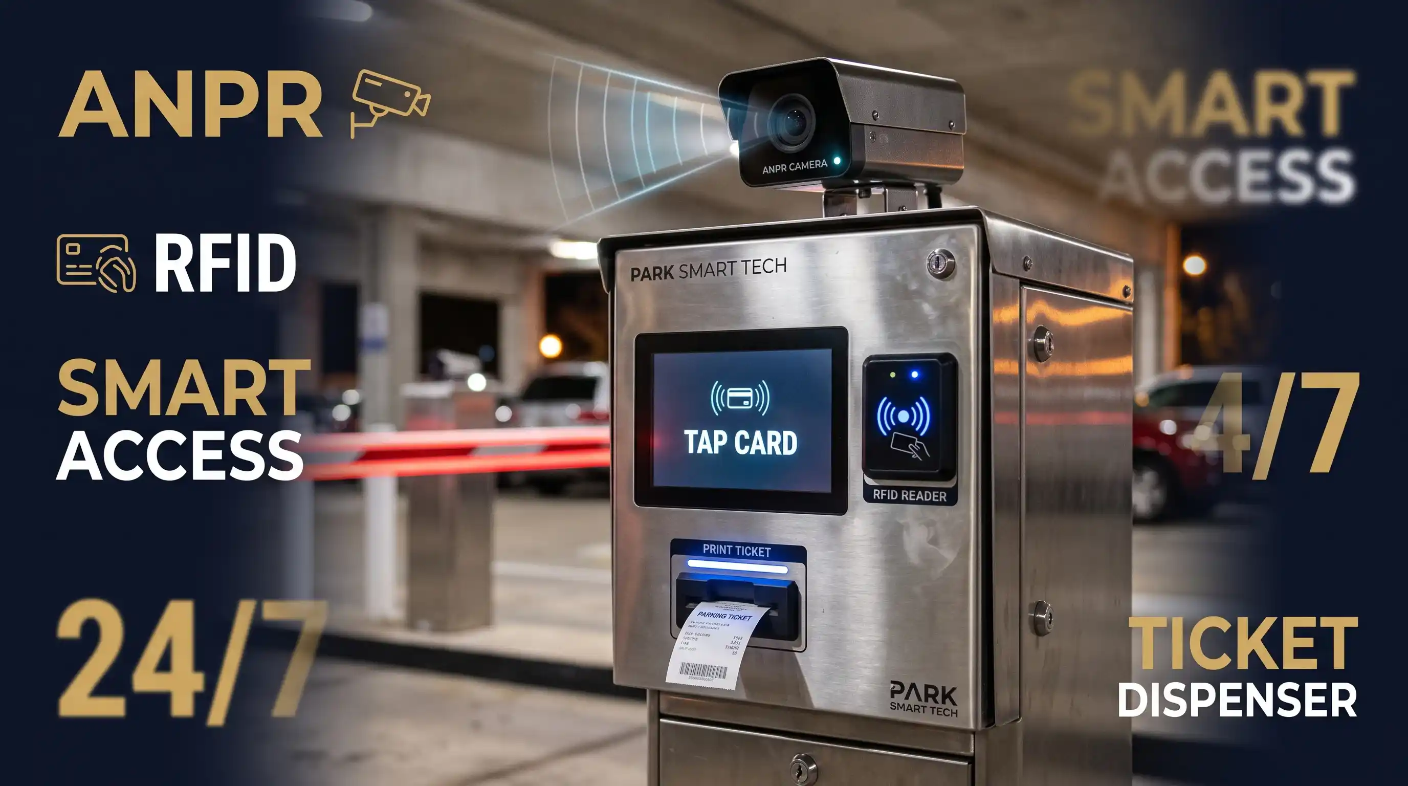 Palang parkir otomatis Manless Parkir dengan pembaca RFID, kamera ANPR, dan sensor loop terintegrasi